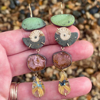 Drusy, Ammolite, Peach Tourmaline, and Golden Rutilated Quartz Earrings